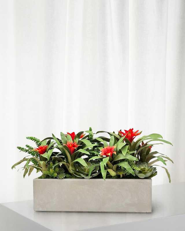 Bromeliad Succulent 38" Faux Floral Arrangement in Fiberglass Planter